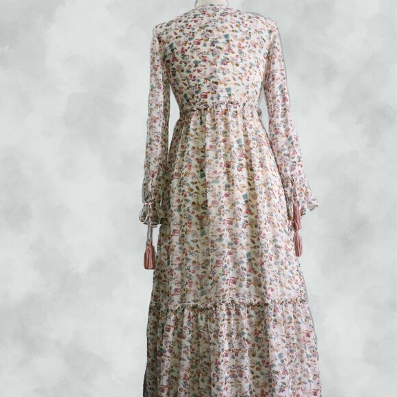 MIKAROSE Floral Cottage Maxi Dress Size Small Romantic Tiered Long Sleeve - Picture 6 of 16